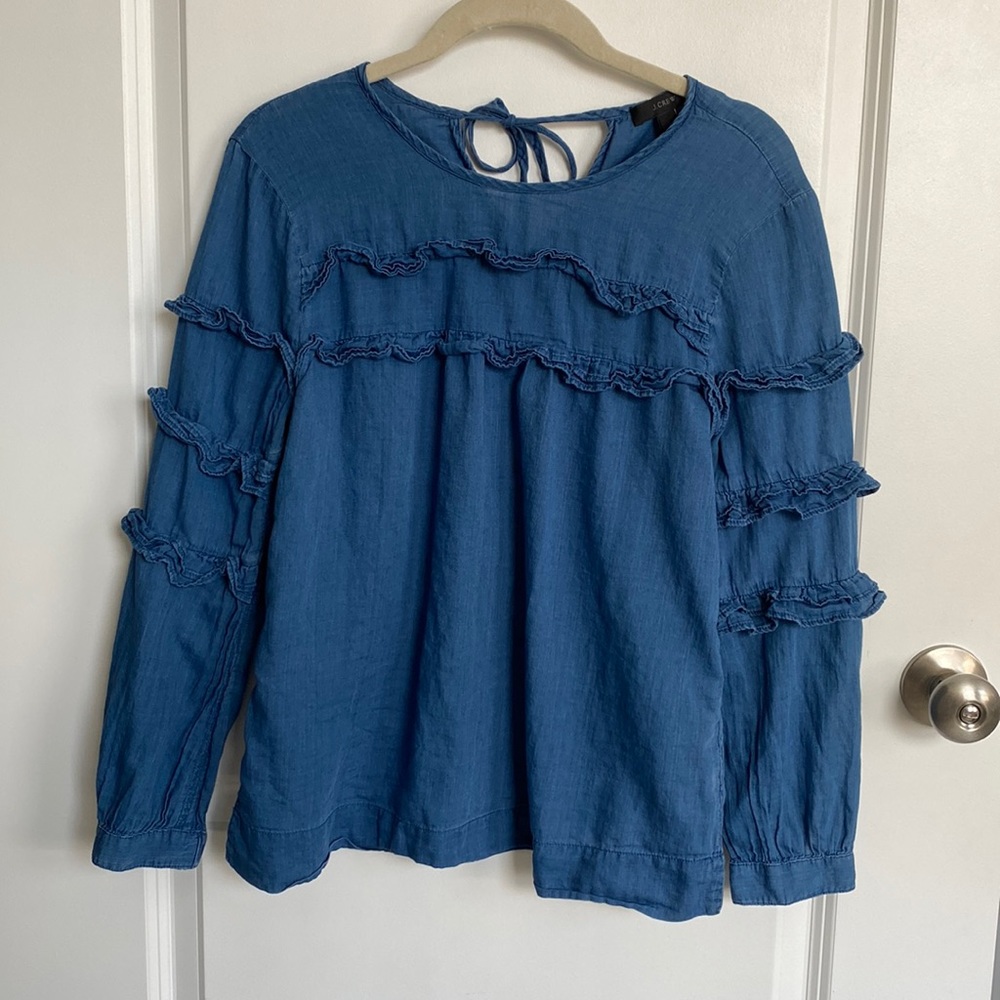 J Crew Blue Chambray Long Sleeve Ruffle Blouse - Picture 2 of 4